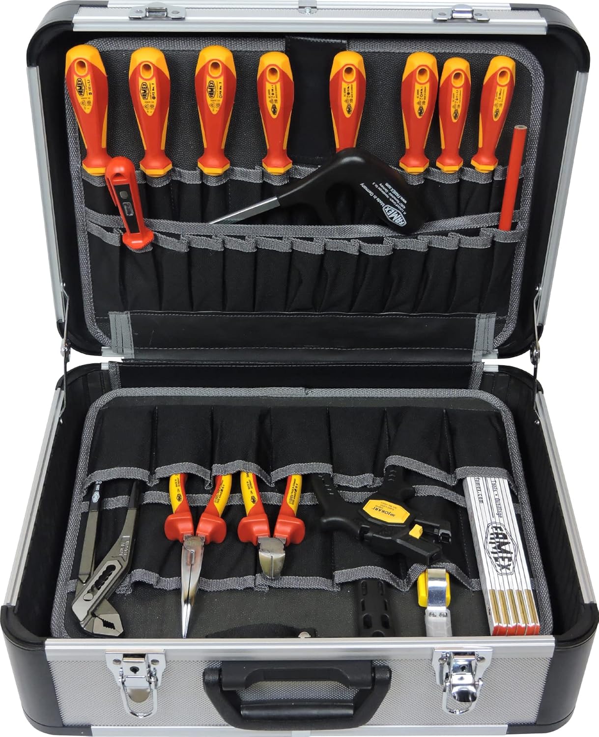 FAMEX 478-10 - Cassetta degli attrezzi professionale in alluminio con set di attrezzi di alta qualità per l'elettricista, la maggior parte degli strumenti di produzione tedesca