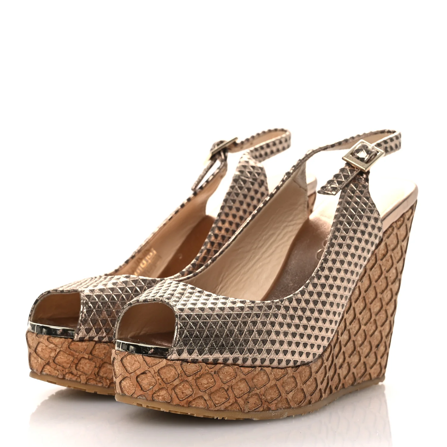Metallic Embossed Calfskin Pacific 120mm Peep-Toe Cork Wedge Sandal 36 Gold - Top Club