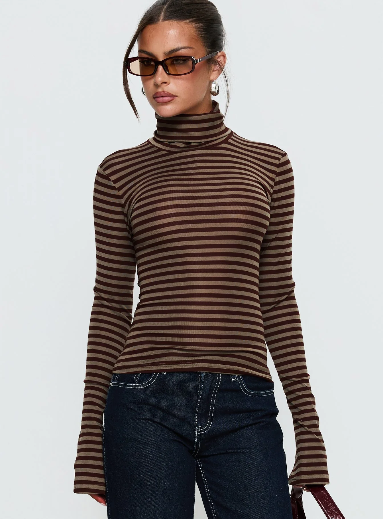 Temika Long Sleeve Backless Top Brown Stripe