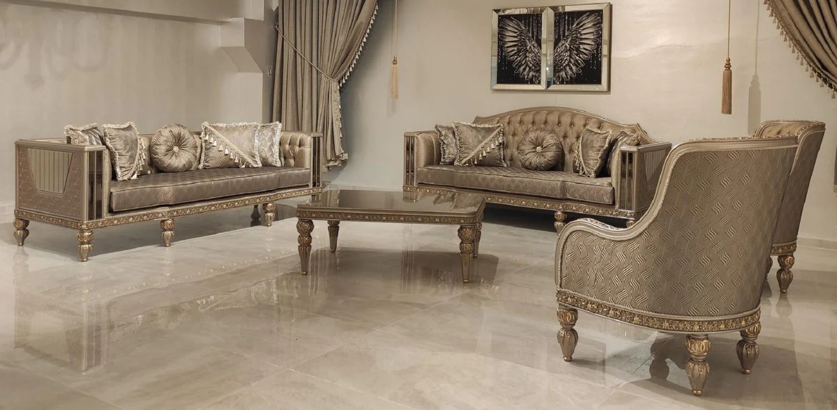 Luxury Baroque Living Room Set Gold / Gray / Gold - 2 Baroque Sofas & 2 Baroque Armchairs & 1 Baroque Coffee Table - Luxury Living Room Furniture in Baroque Style - Baroque Furniture - Noble & Magnificent