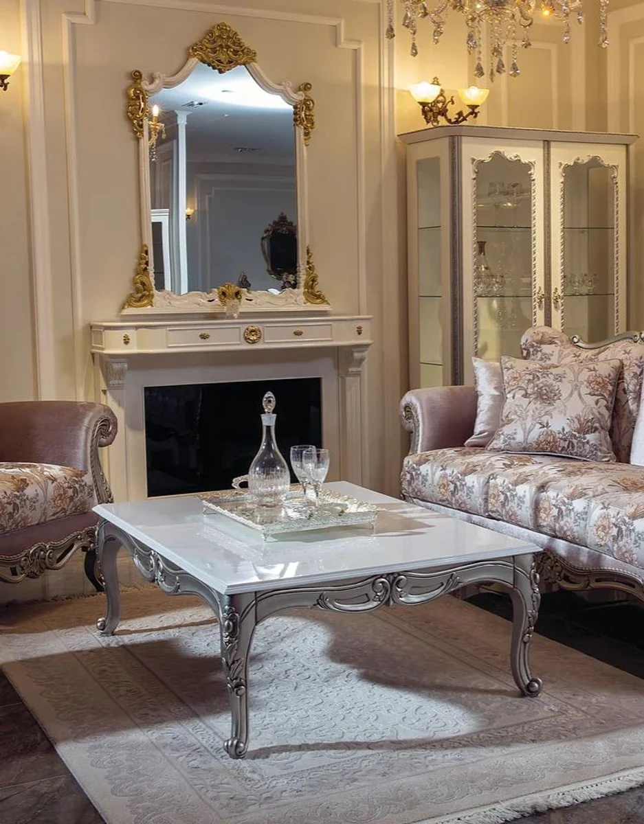 Luxury baroque coffee table white / silver 129 x 93 x H. 44 cm - Rectangular solid wood living room table in baroque style - Baroque living room furniture
