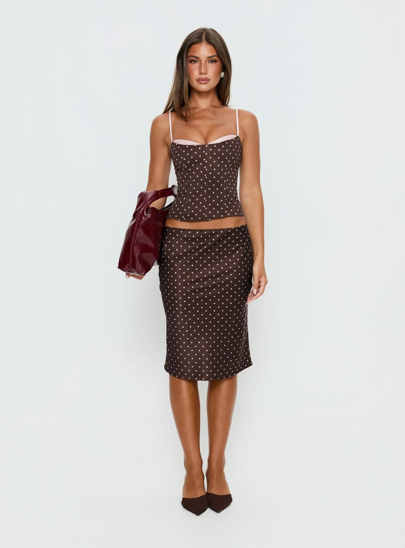 Somani Satin Midi Skirt Brown / Pink Polka Dot