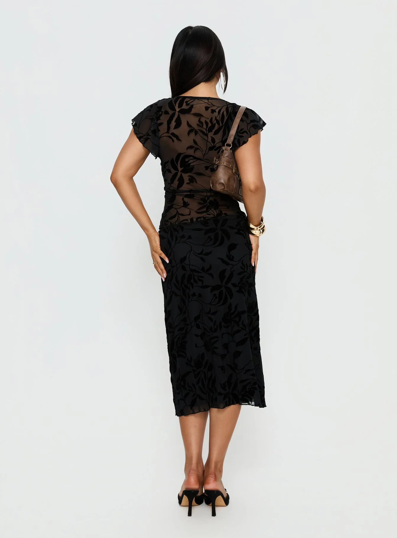 Atira Midi Skirt Leaf Flower Black