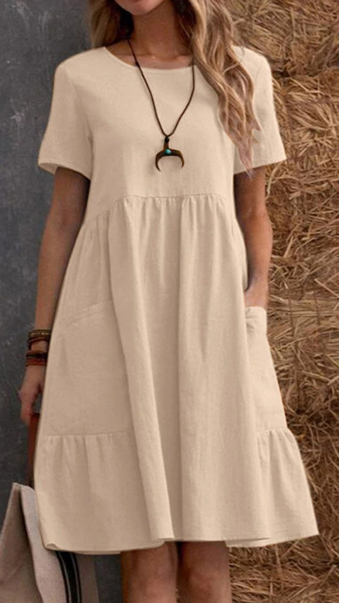 Women's Cotton-Linen Round Neck Ruffle Hem Dress - Nordfashionstorm - Women's Clothing, Fashion for You - Nordfashionstorm.com