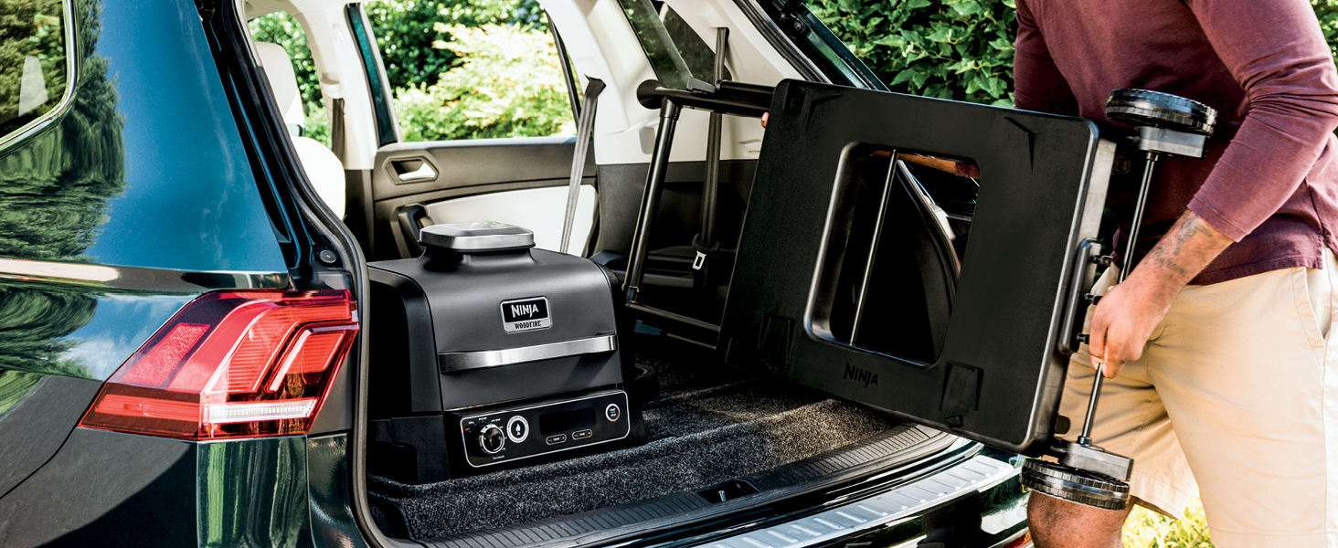 This sturdy. folding grill stand with wheels makes it easy to take your cookout anywhere.