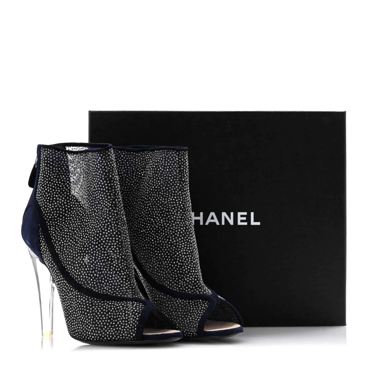 Mesh Crystal Open Toe Ankle Boots 40 Navy - Top Club