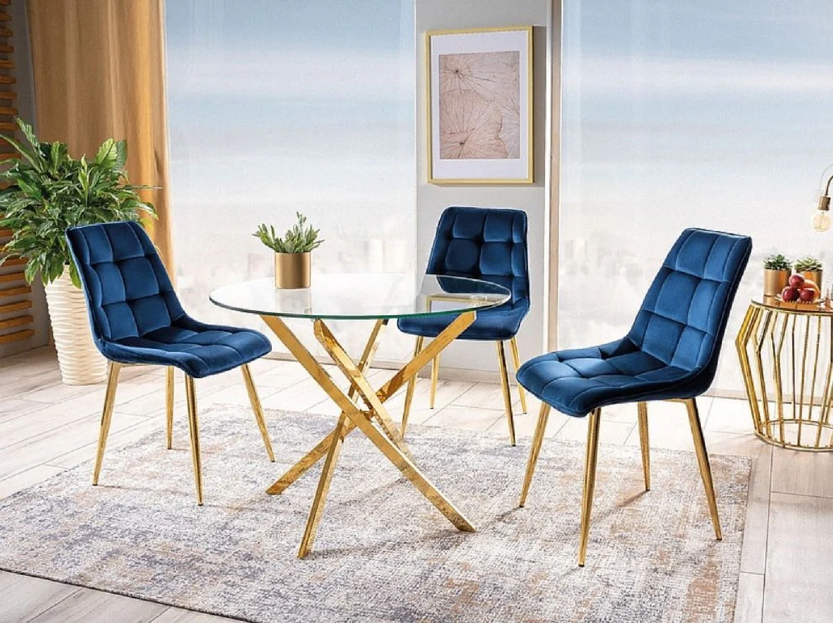 Luxury dining table gold Ø 90 x H. 71 cm - Round dining room table with tempered glass top - Dining room furniture - Kitchen furniture