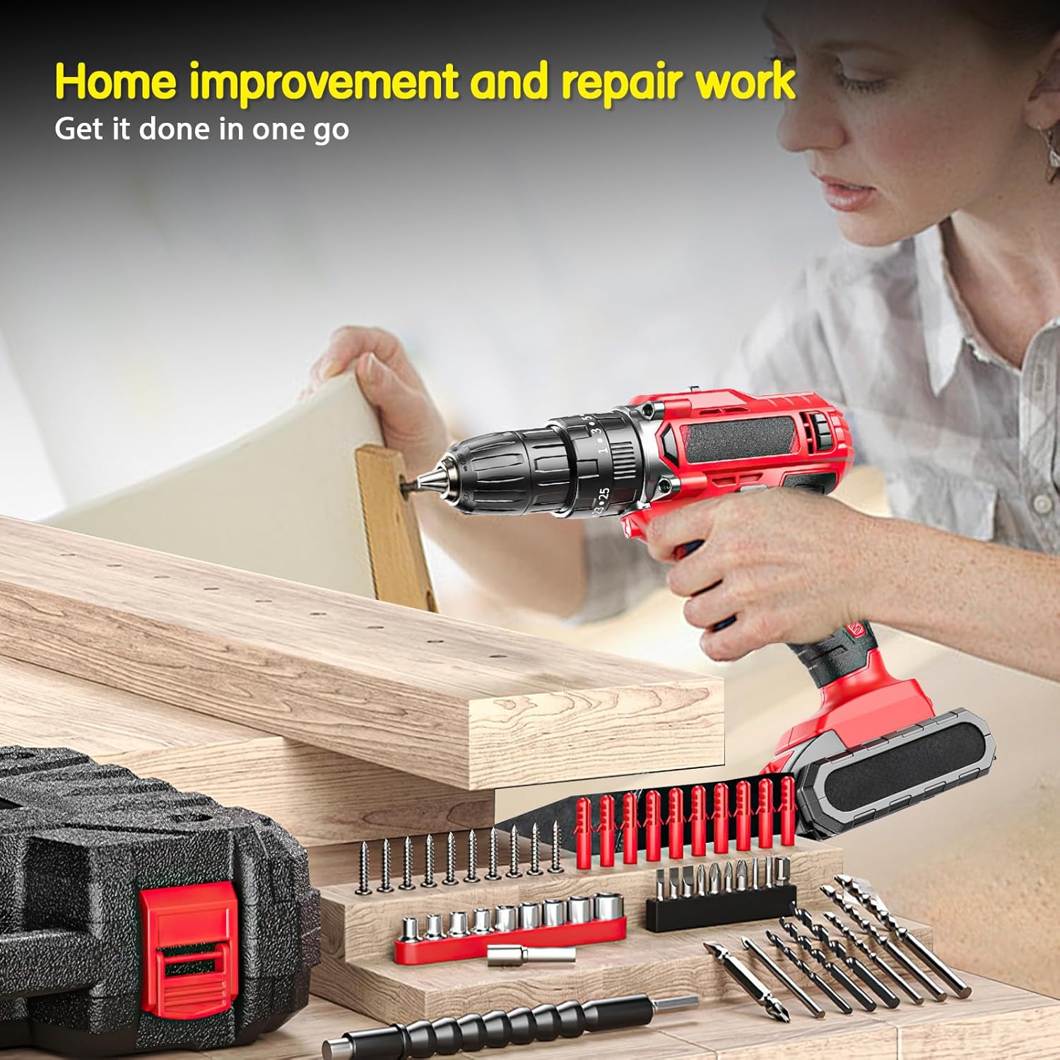Cassetta per attrezzi con trapano avvitatore multifunzione senza fili 21 V, 117 pezzi, custodia completa con batteria 2 1500 mAh, set di attrezzi con trapano per riparazione, manutenzione e lavoro