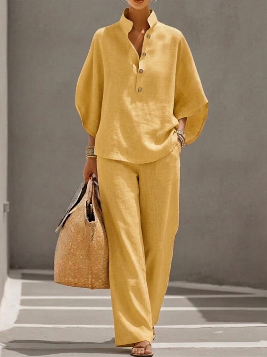 Plus Size Friendly Women’s Batwing Sleeve Linen Cotton Two-Piece Set – Casual Shirt & Wide Leg Pants Outfit - Nordfashionstorm - Women's Clothing, Fashion for You - Nordfashionstorm.com