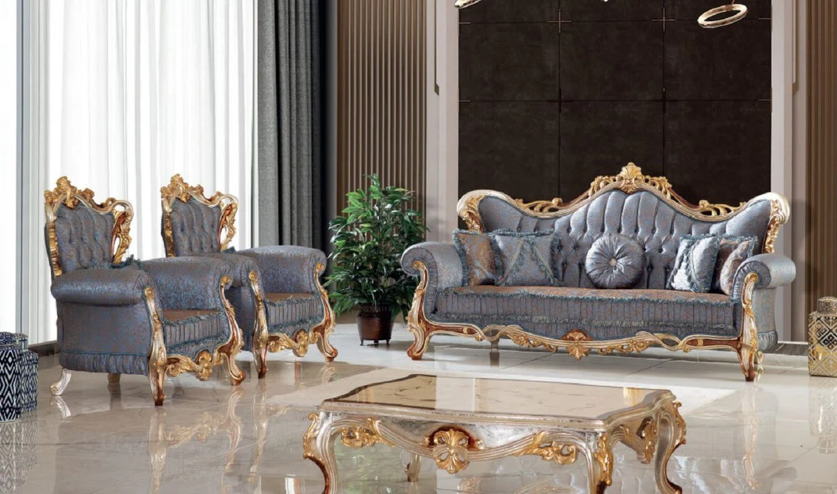 Luxury Baroque Living Room Set Blue / Copper / Silver / Brown / Gold - 2 Sofas & 2 Armchairs & 1 Coffee Table - Handmade Living Room Furniture in Baroque Style - Noble & Magnificent