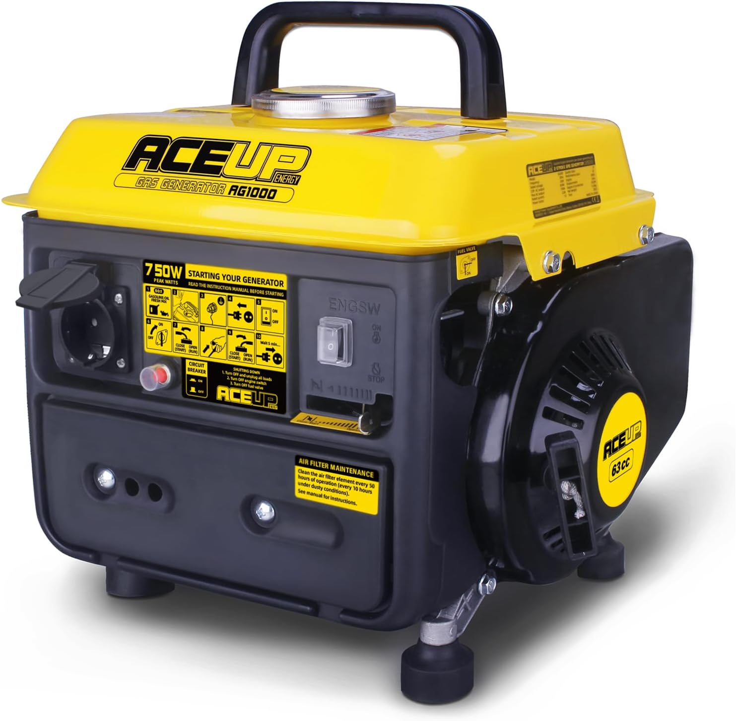 Aceup Energy Generatore di Corrente Portatile Ultraleggero, Piccolo Generatore di Emergenza da 750 W con Prese da 230 V, Motore a Benzina 2 Tempi, Funziona per 6 ore, EURO-V, CE