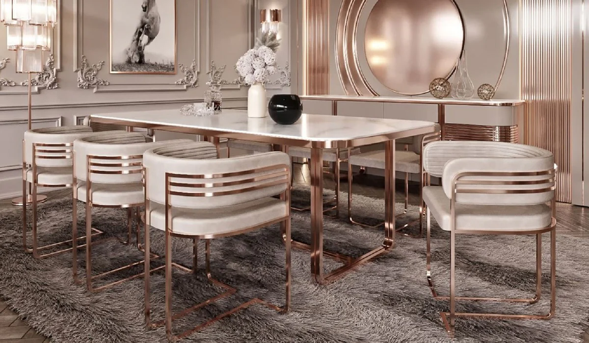 Luxury dining room chair set with armrests gray / copper 58 x 51 x H. 76 cm - kitchen chairs set of 8 - dining room furniture - restaurant furniture - luxury furniture - luxury furnishings