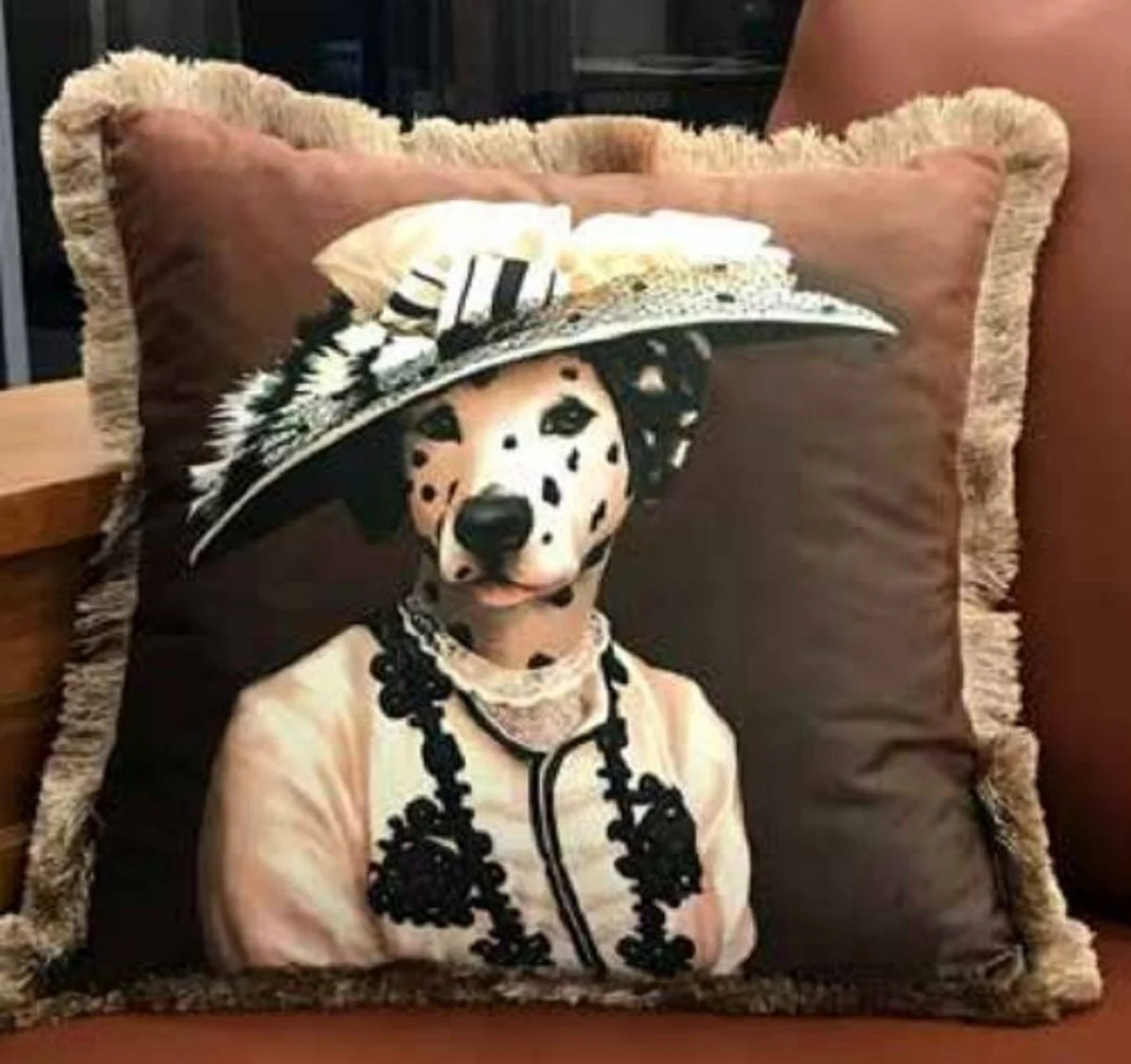 Luxury decorative cushion Dalmatian Lady multicolored / brown 45 x 45 cm - printed velvet cushion with fringes - luxury quality