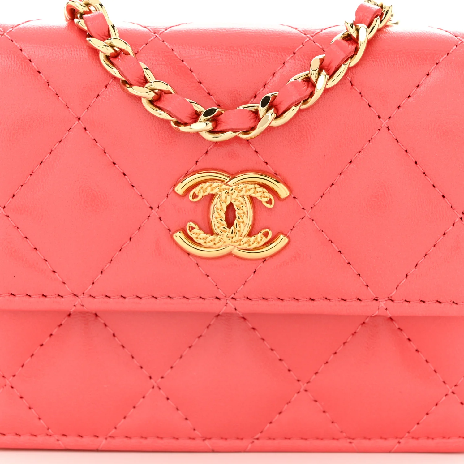 Shiny Lambskin Quilted Card Holder On Chain Pink - Top Club