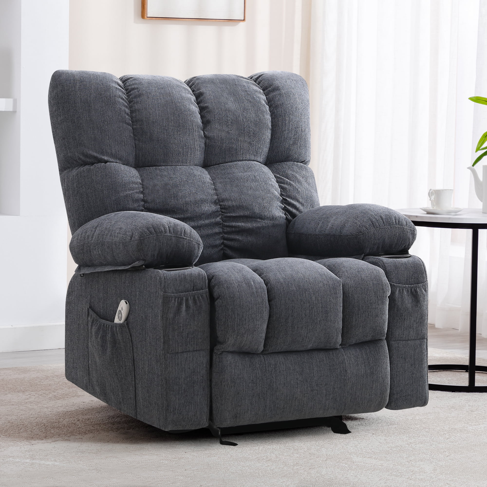 JONPONY Manual Recliner Chair with Heat Therapy and Massage Function, Heavy Duty Reclining Mechanism Massage Chair, Elderly Single Rocker Sofa with Cup Holders for Bedroom Home Theater, Grey
