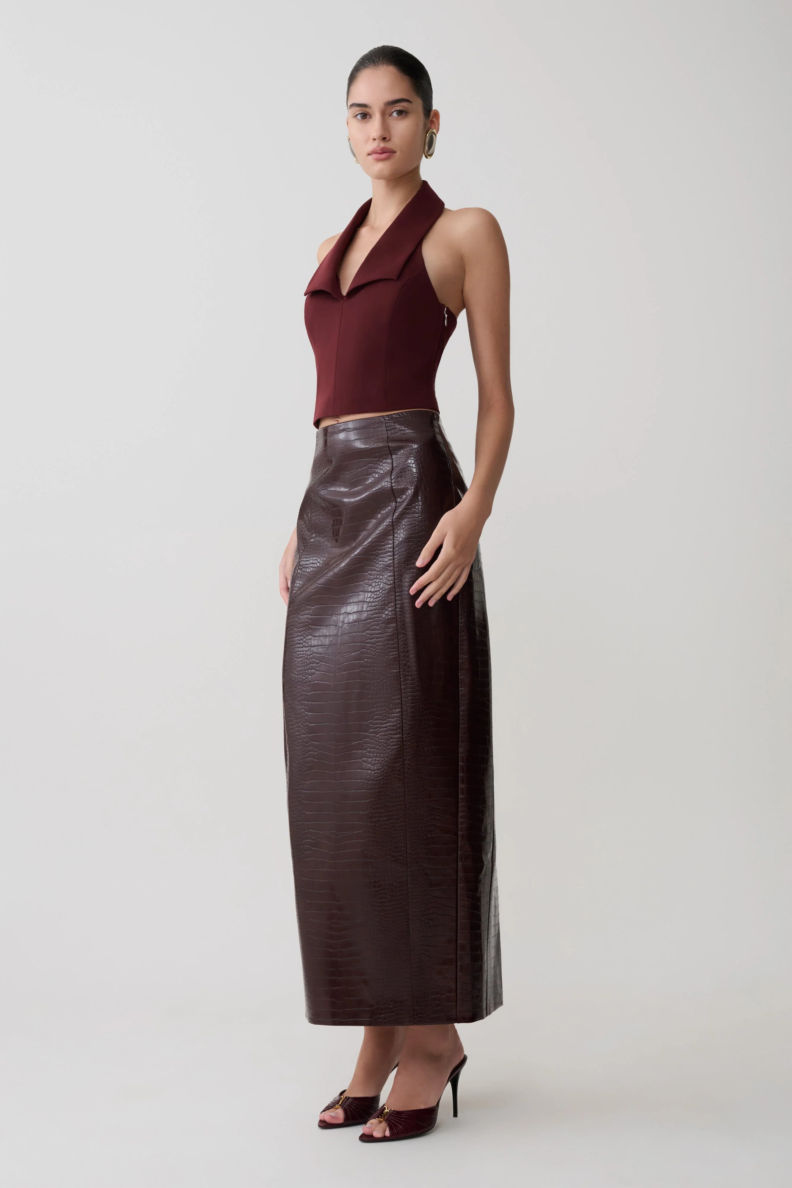 Thalia Croc Faux Leather Midi Skirt - Merlot