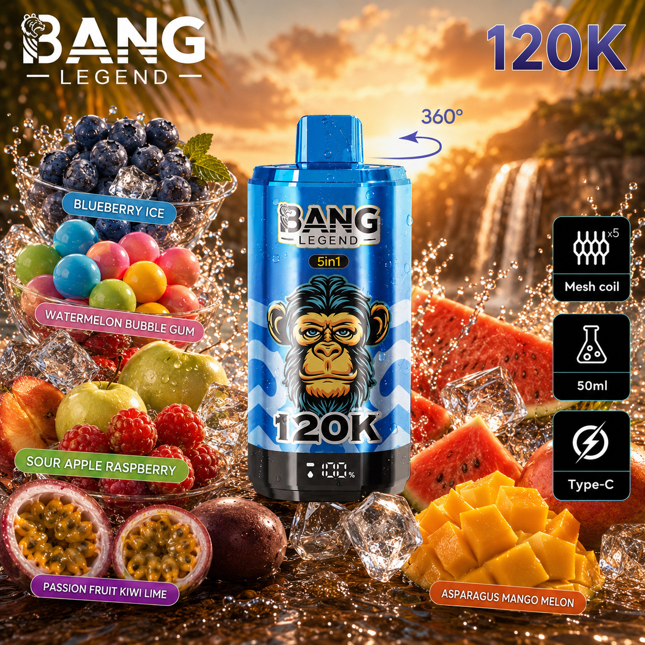 Ledová borůvka + Melounová žvýkačka + Kyselé jablko a malina + Aloe, mango a meloun + Maracuja, kiwi a limetka | Bang Legend vape 120 000 potahů