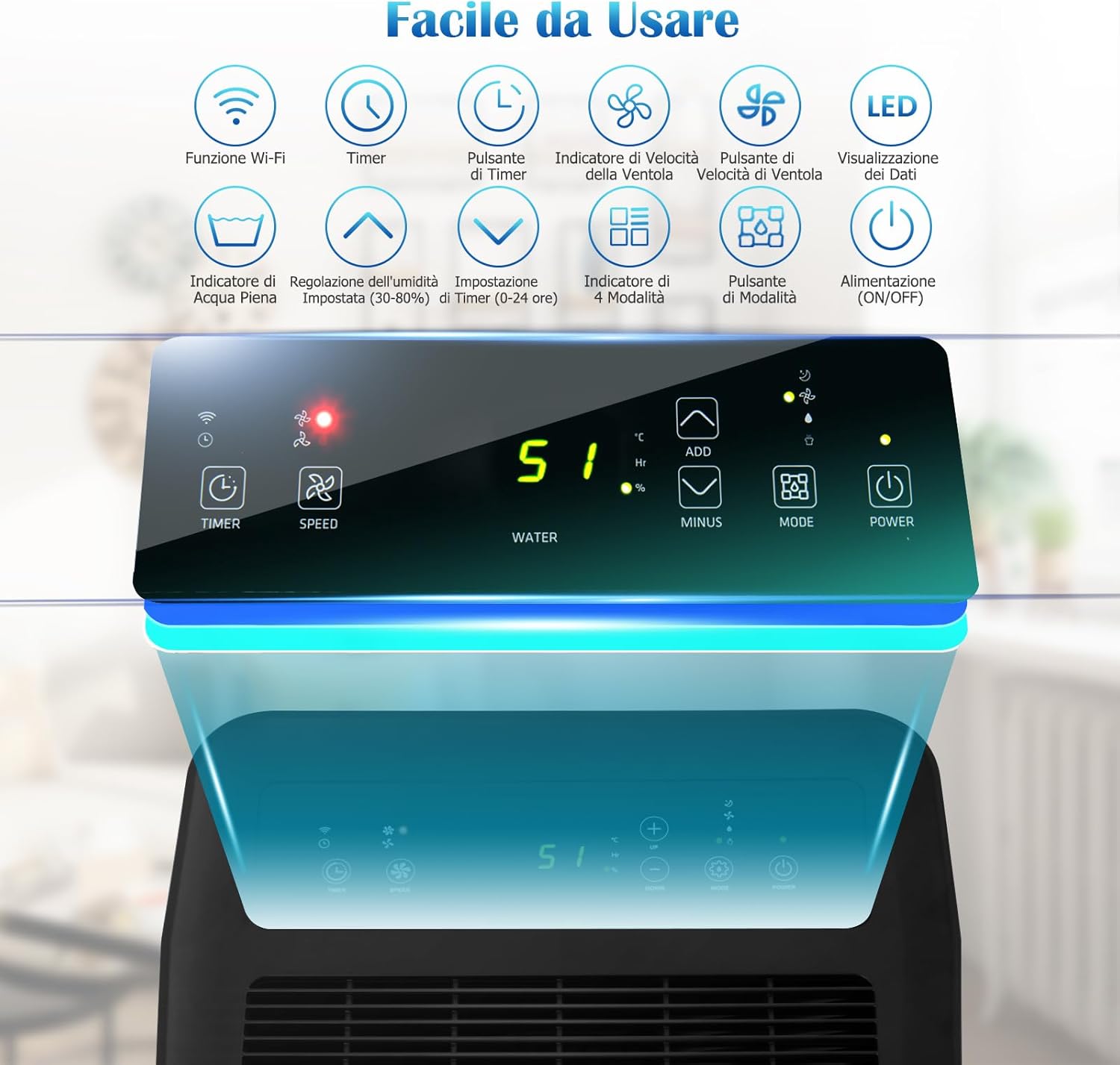 RELAX4LIFE 4 in 1 Deumidificatore Casa 50L/24H per 60㎡, Deumidificatore Portatile con 4 Modalità e 2 Velocità, Pannello Touch e Controllo WiFi, Serbatoio Rimovibile 5 L, 24H Timer, Bianco