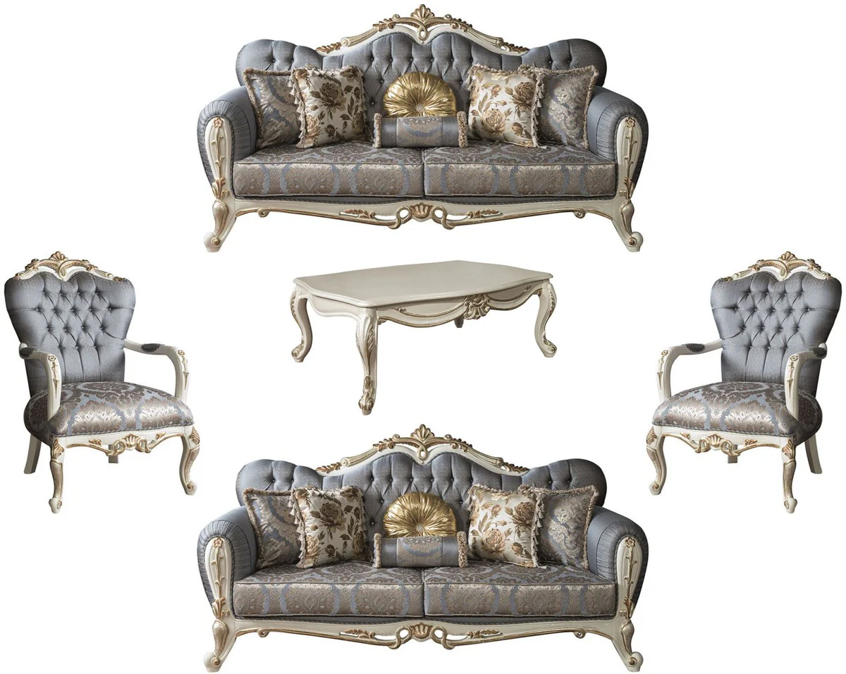 Luxury Baroque Living Room Set Blue / White / Gold - 2 Sofas & 2 Armchairs & 1 Coffee Table - Furniture in Baroque Style - Noble & Magnificent