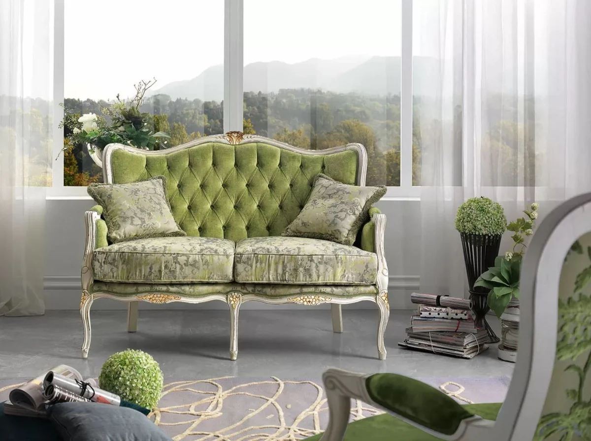 Luxury Baroque Sofa Green / White / Gold - Noble living room sofa with elegant pattern and 2 decorative pillows - Baroque furniture - Luxury quality - Made in Italy
