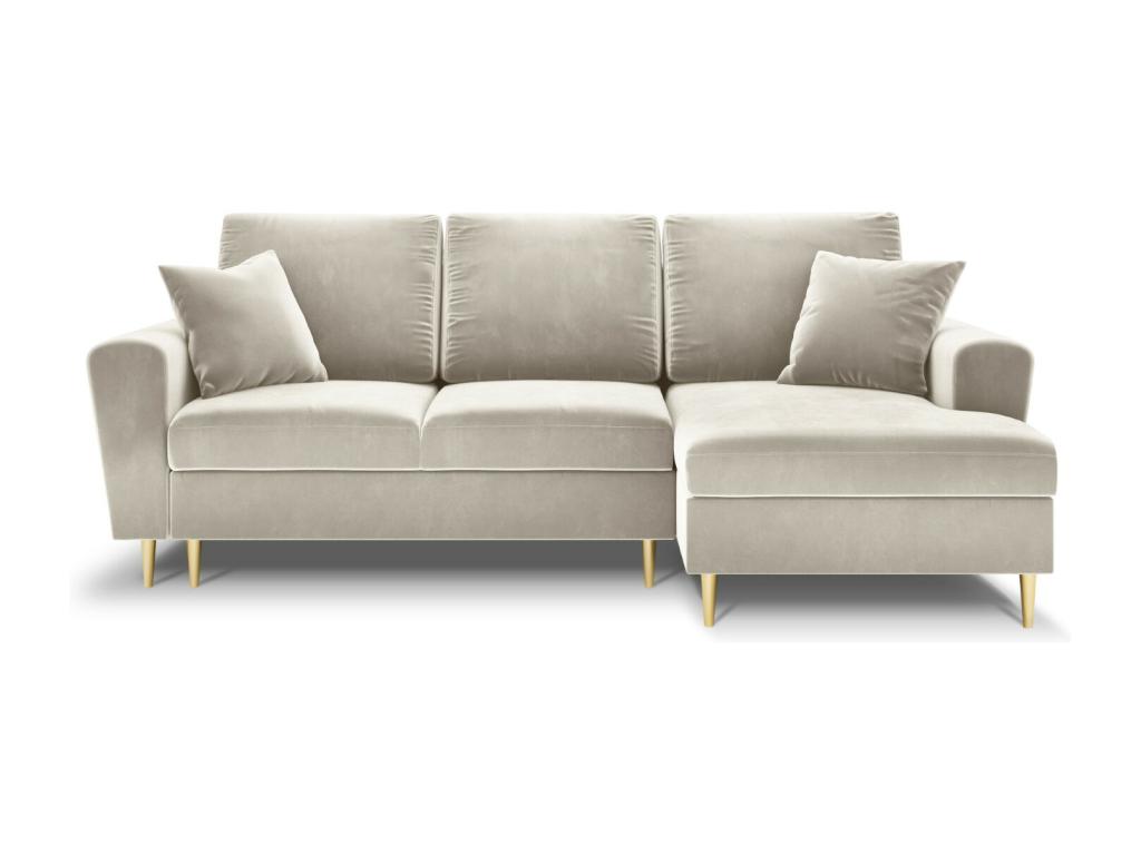 Casaplu - Sofá cama esquinero derecho con baúl de almacenaje "Kyoto" 4 plazas de terciopelo beige claro - 241x145x88cm