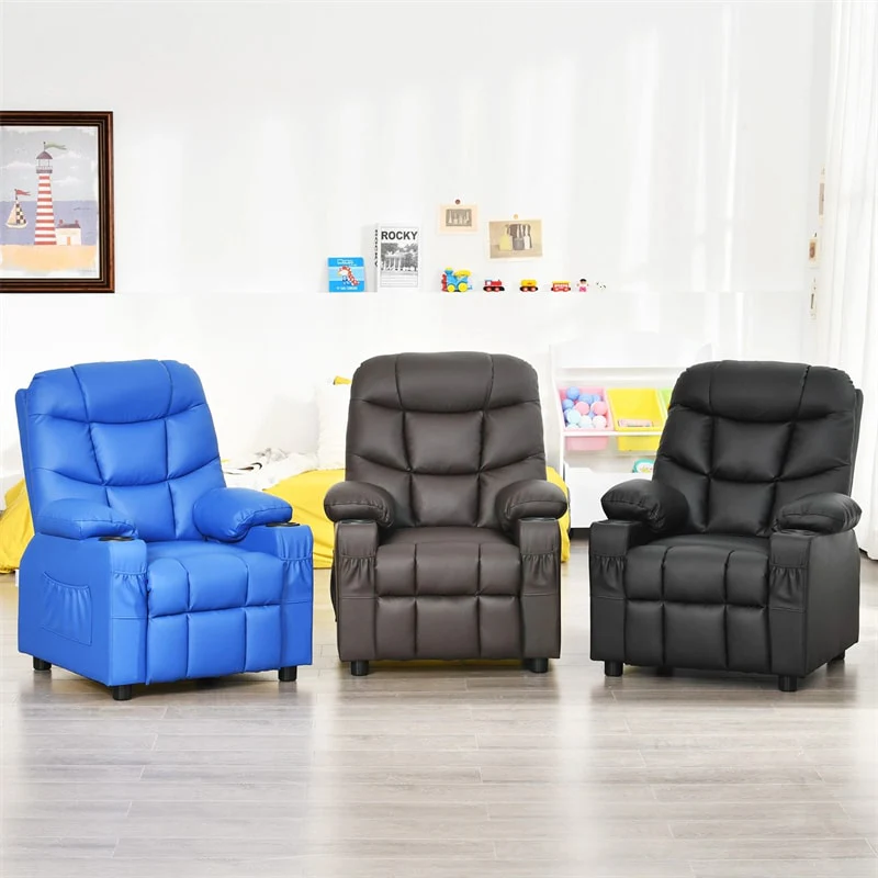 Kids Recliner Chair PU Leather Adjustable Lounge Sofa with Cup Holder, 3 Pockets & Retractable Footrest, Ergonomic Toddler Furniture Sofa