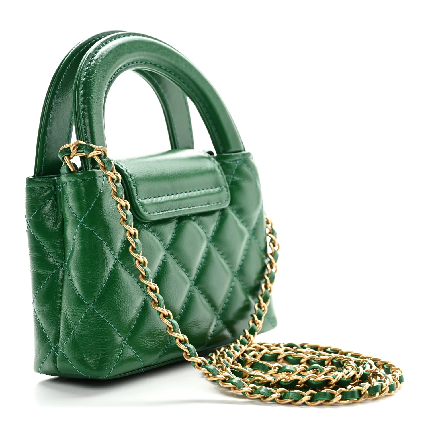 Shiny Aged Calfskin Quilted Mini Nano Kelly Shopper Green - Top Club
