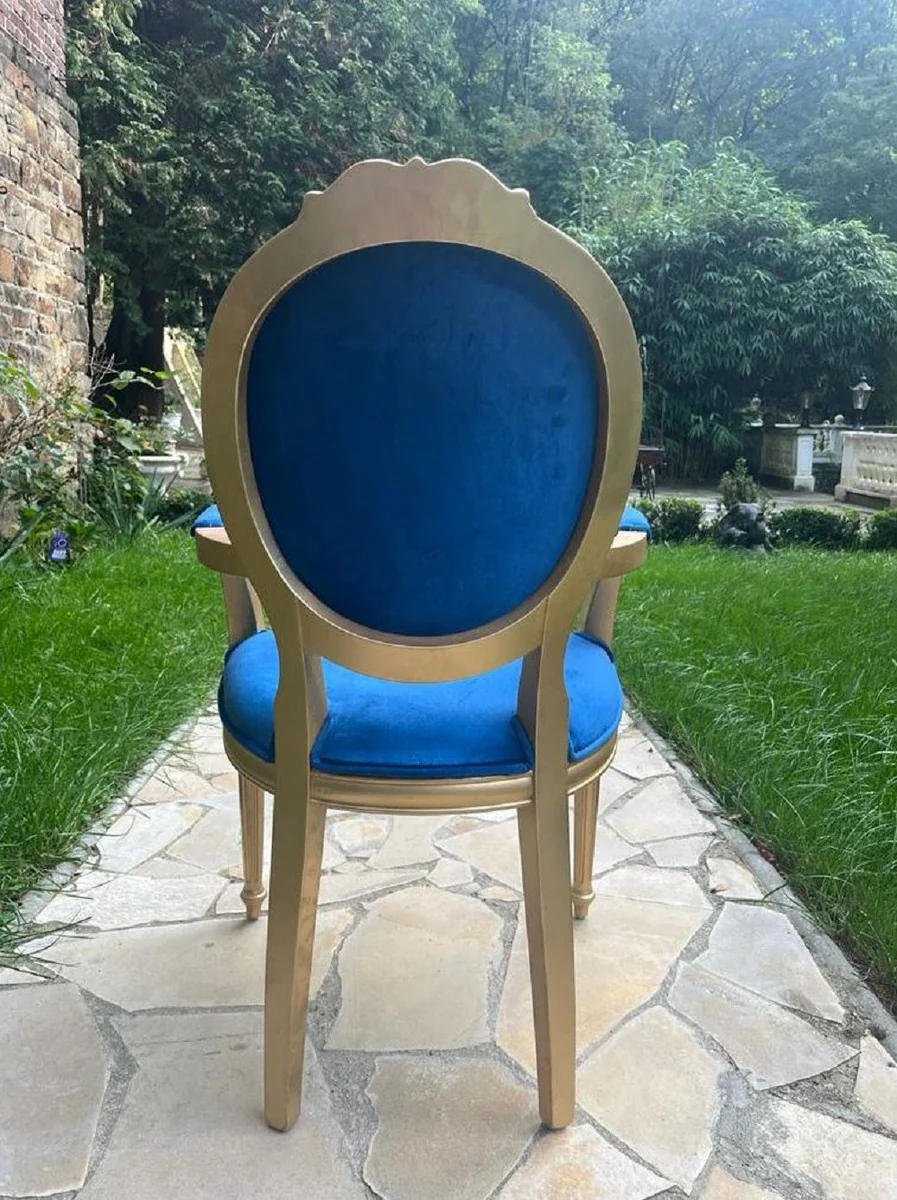 Luxury baroque dining room chair blue / gold - handmade antique style chair with armrests and elegant velvet fabric - dining room furniture in baroque style