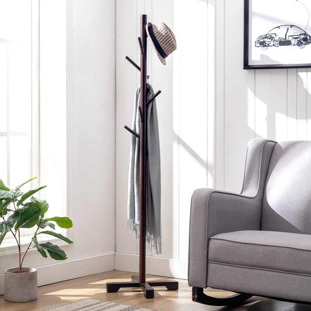 Wooden Coat Rack Stand With 8 Hooks Hall Tree Bamboo Coat Hanger Freestanding Entryway,Hallway, Bedroom, Office for Clothes, Jacket, Scarves (Brown)