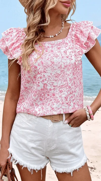 Women's Casual Floral Shirt — Short Sleeve with Ruffles and Back Bow Tie - Nordfashionstorm - Women's Clothing, Fashion for You - Nordfashionstorm.com