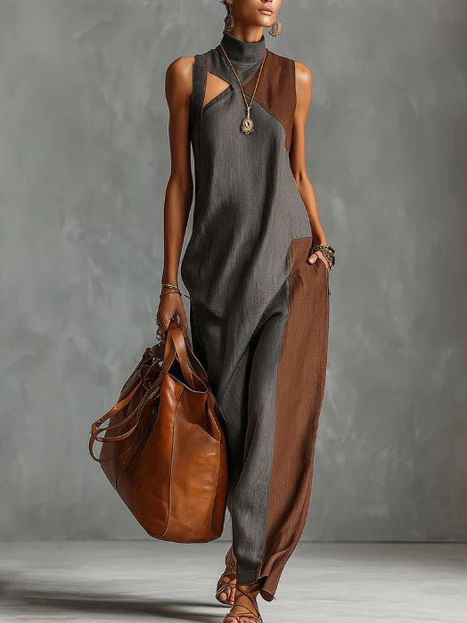 Fashionable Color-blocked Linen-cotton Maxi Dress - Nordfashionstorm - Women's Clothing, Fashion for You - Nordfashionstorm.com