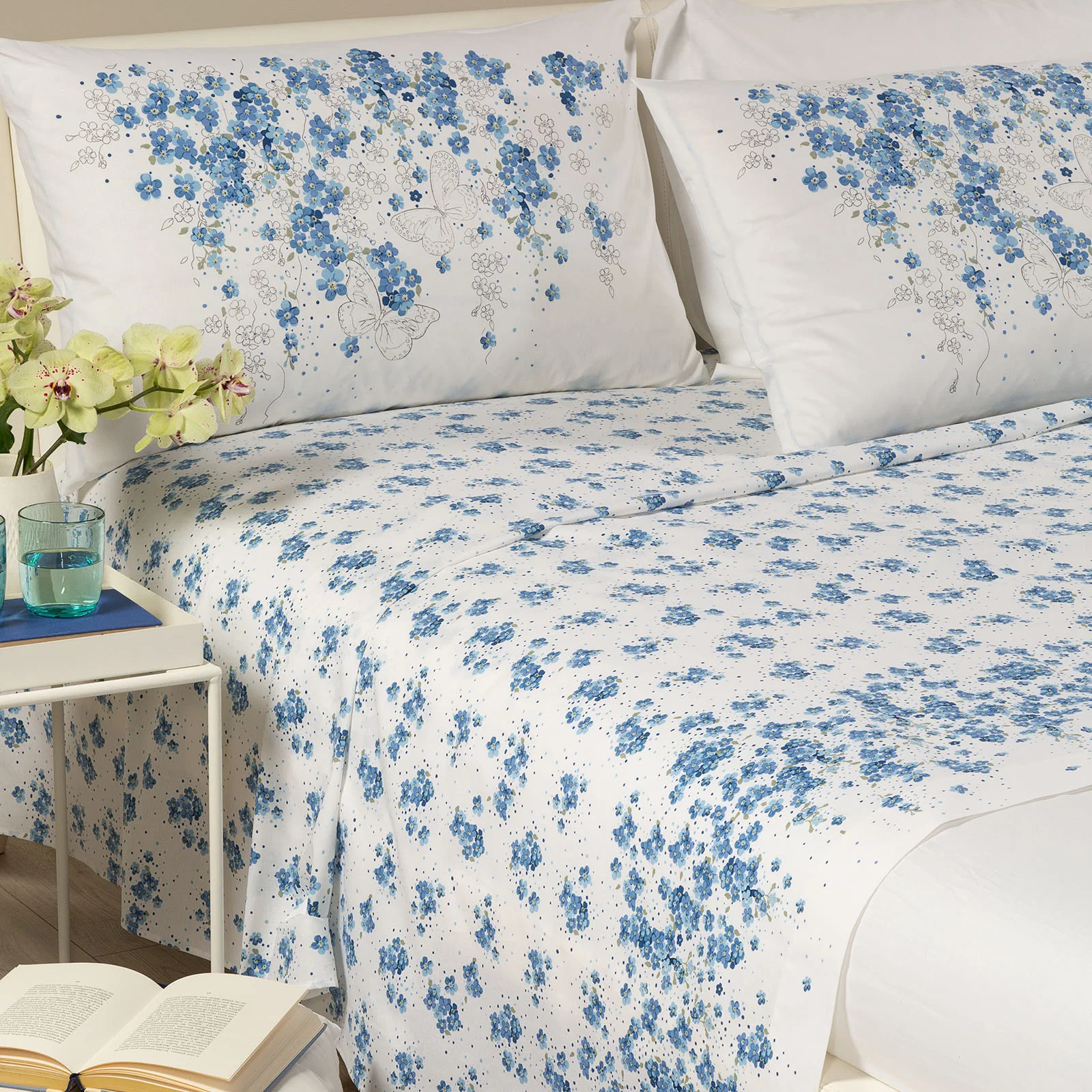 Completo Lenzuola In Cotone Myosotis Matrimoniale Bluette Caleffi