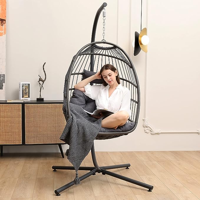 SWITTE Hanging Egg Chair with Stand, Egg Swing Hammock Chair with Stand, Indoor Outdoor Wicker Egg Chair with Cushion Headrest for Patio Bedroom Porch Garden, 350LBS Capacity