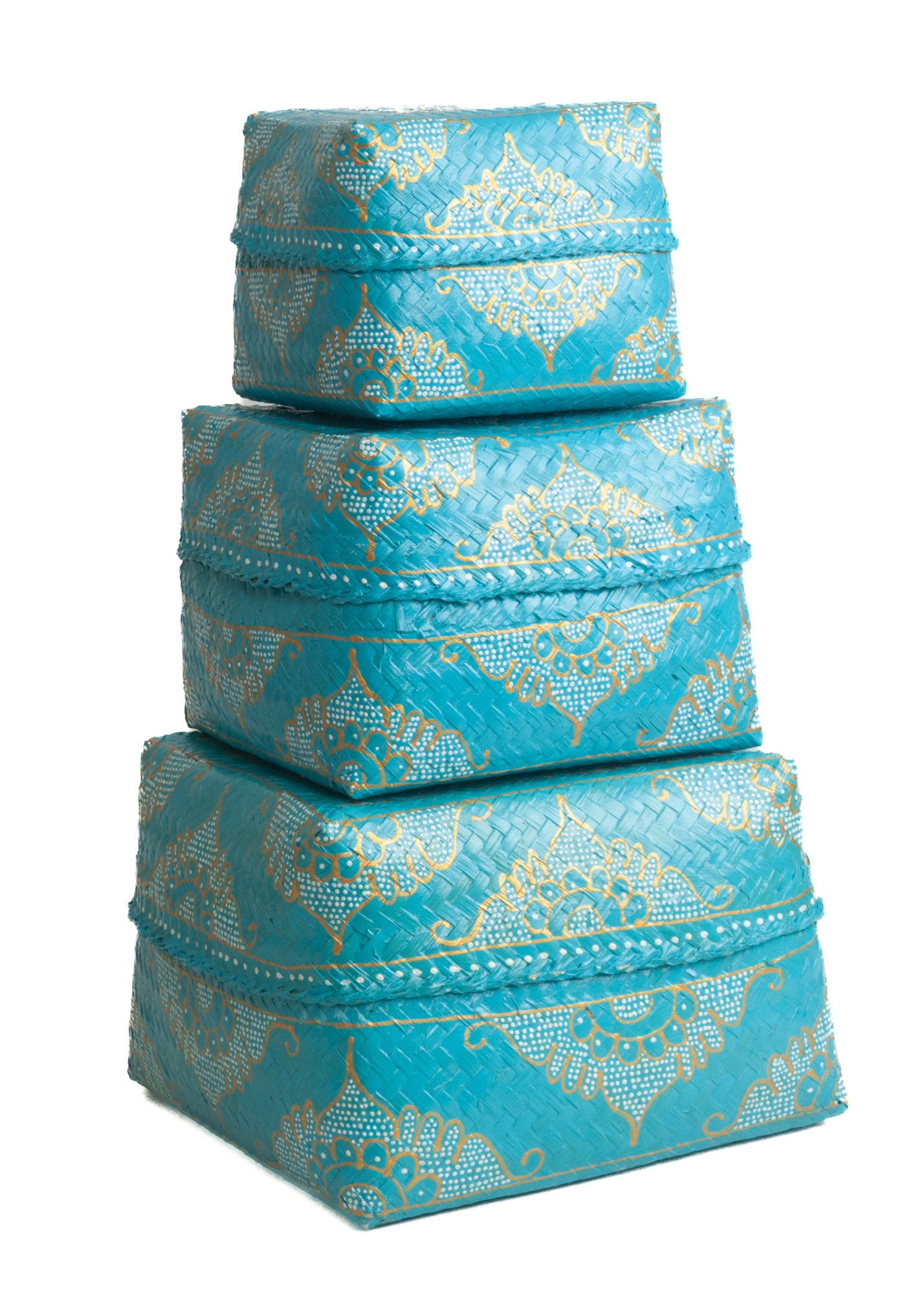 Bamboe offerdoos / offermand turquoise/goud/wit L