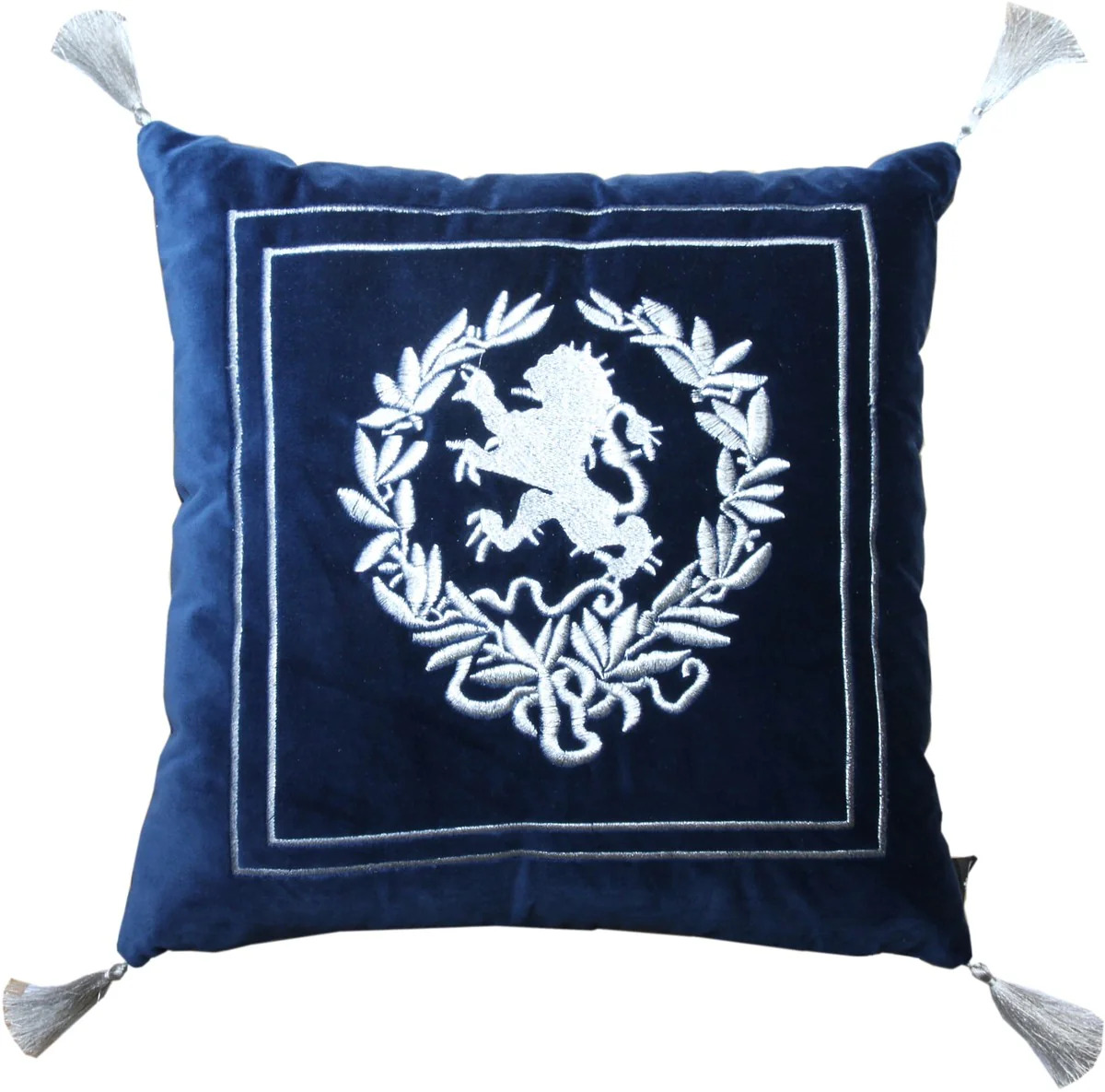 Luxury decorative cushion coat of arms dark blue / silver with tassels 45 x 45 cm - finest velvet fabric - luxury home decoration