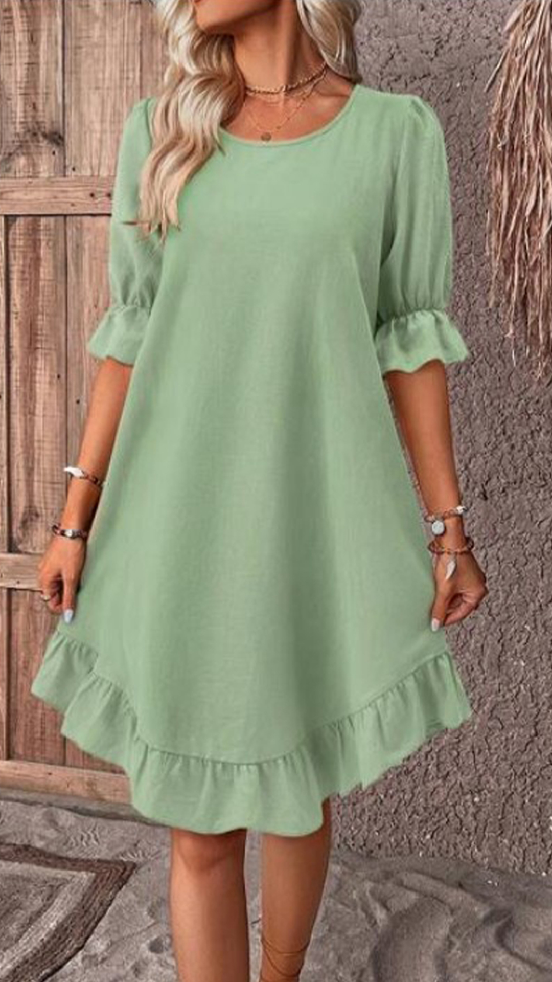 Women's Cotton-Linen Round Neck Ruffle Hem Dress - Nordfashionstorm - Women's Clothing, Fashion for You - Nordfashionstorm.com
