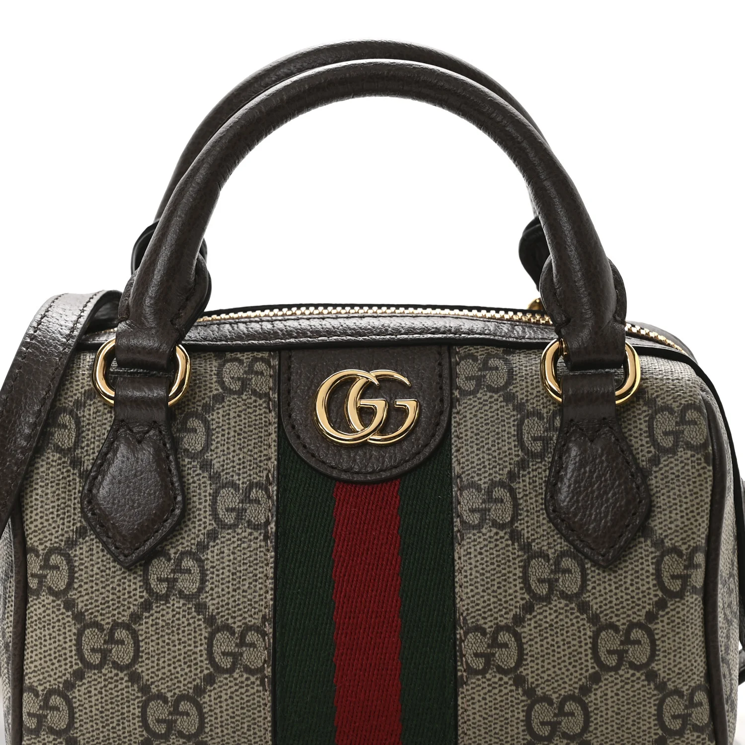 GG Supreme Monogram Textured Dollar Calfskin Web Super Mini Ophidia Top Handle Bowler Bag Beige Ebony New Acero - Top Club