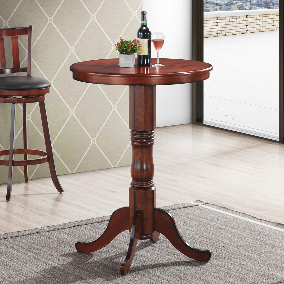 BEFOUNDLOVELY Round Dining Table, Wooden Pub Pedestal Side Table W/Chessboard, Adjustable Foot Pads