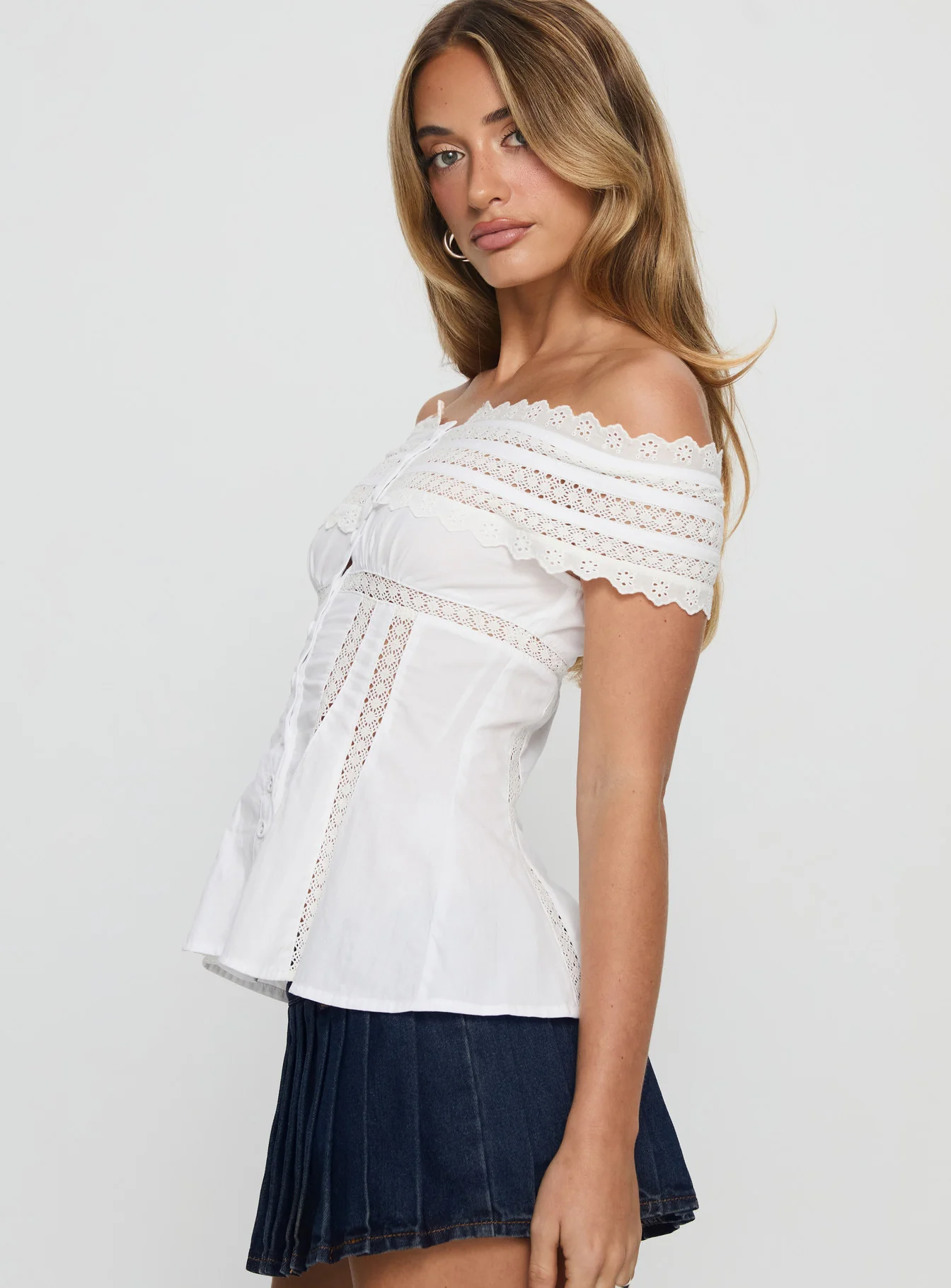 Stately Off Shoulder Lace Trim Top White