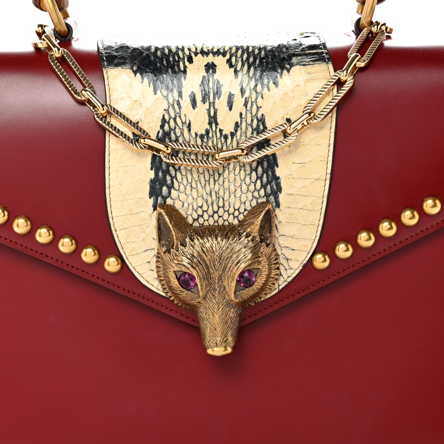 Glossy Calfskin Snakeskin Studded Fox Broche Bamboo Top Handle Bag Red - Top Club
