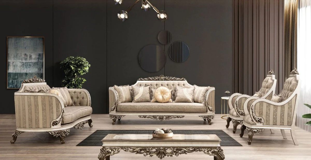 Luxury Baroque Living Room Set Beige / Cream / Brown / Gold - 2 Sofas & 2 Armchairs & 1 Coffee Table - Handmade Living Room Furniture in Baroque Style - Noble & Magnificent