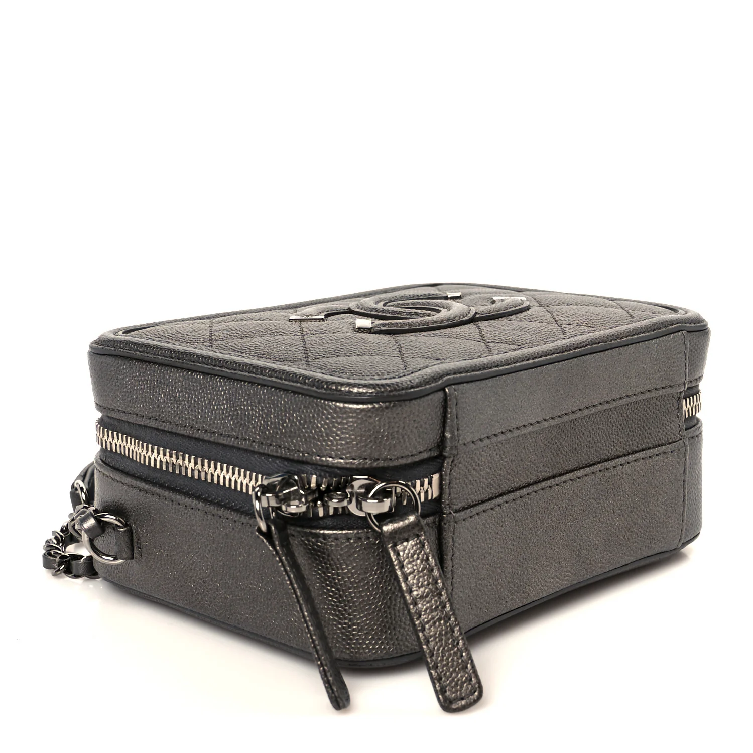 Metallic Caviar Quilted Small CC Filigree Vanity Case Dark Silver - Top Club