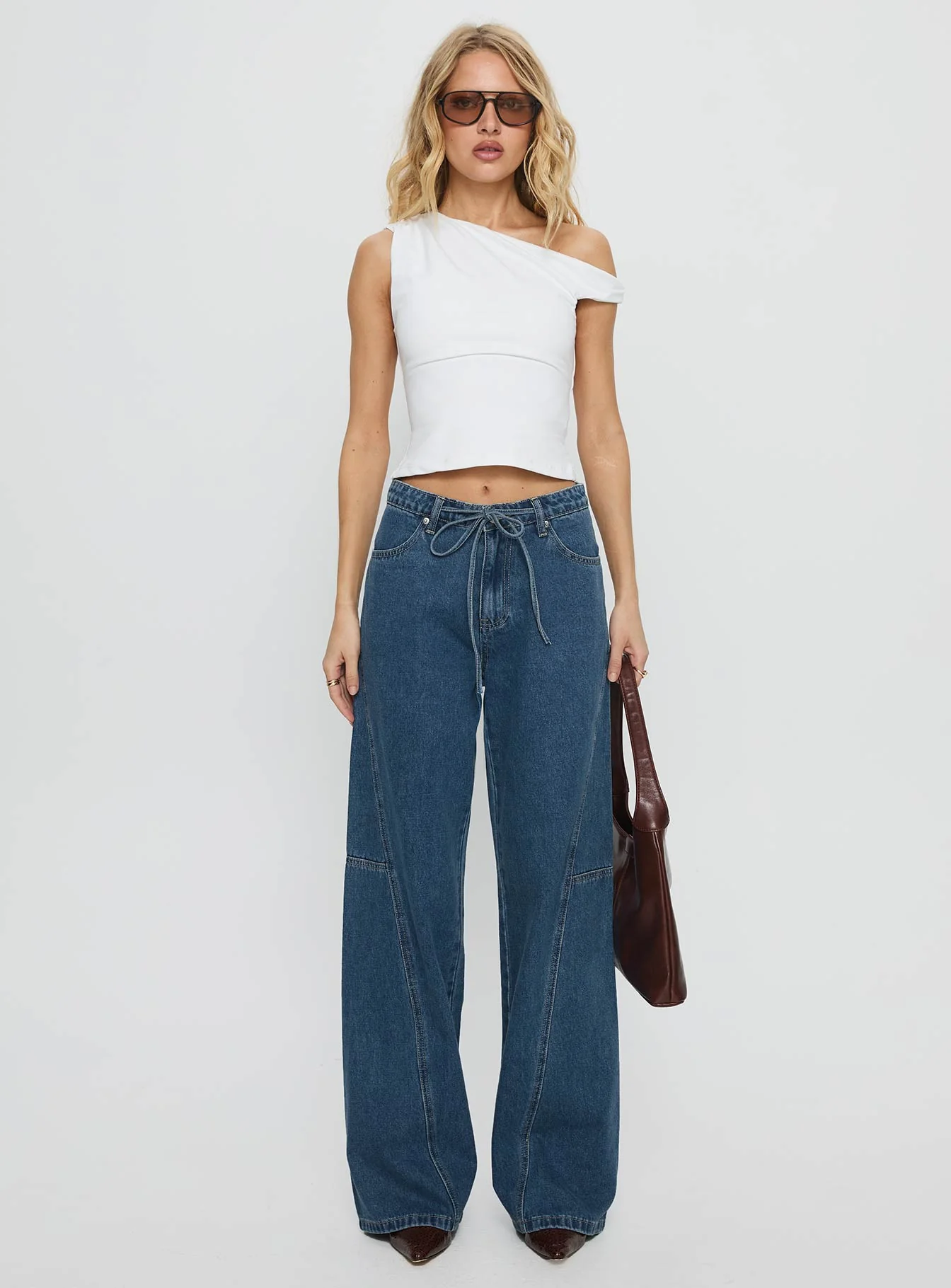 Bruiser Tie Waist Mid Rise Wide Leg Jeans Mid Blue Wash