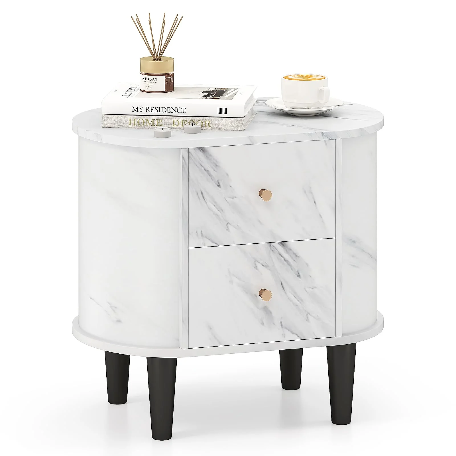 BEFOUNDLOVELY Oval Faux Marble Nightstand with 2 Drawers