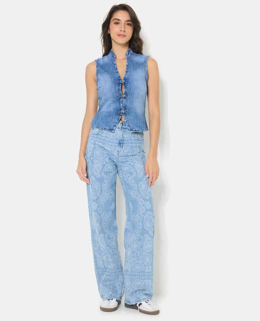 Pimkie Top en jean col mao et boutons brandebourg