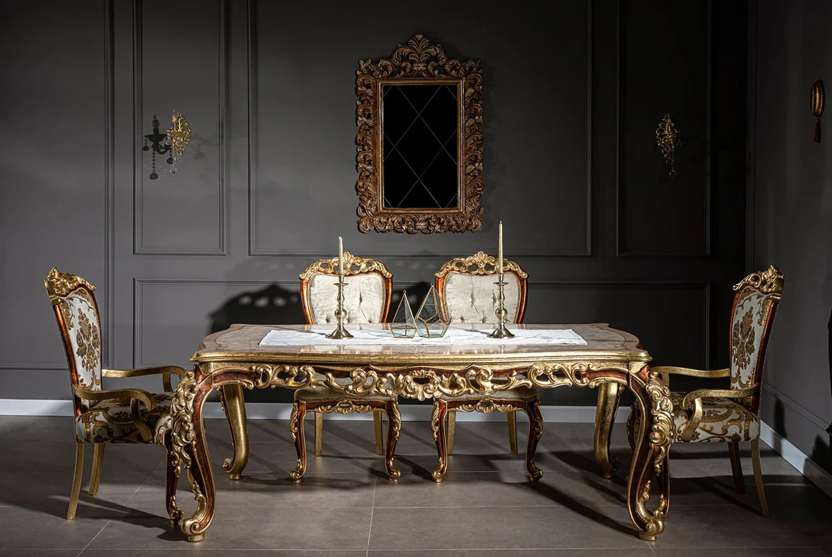 Luxury baroque dining room chair set with armrests and elegant pattern 57 x 54 x H. 115 cm - Elegant kitchen chairs set of 6 in baroque style - Baroque dining room furniture