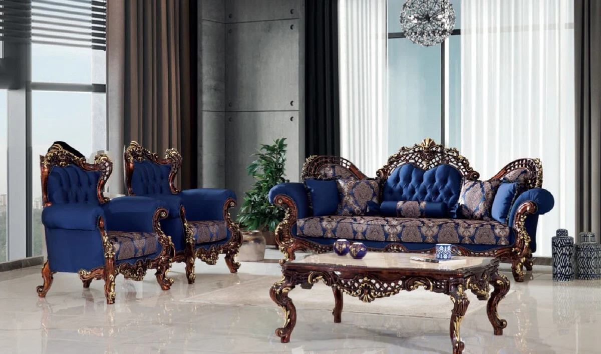 Luxury Baroque Living Room Set Blue / Dark Brown / Gold - 2 Sofas & 2 Armchairs & 1 Coffee Table - Handmade Living Room Furniture in Baroque Style - Noble & Magnificent