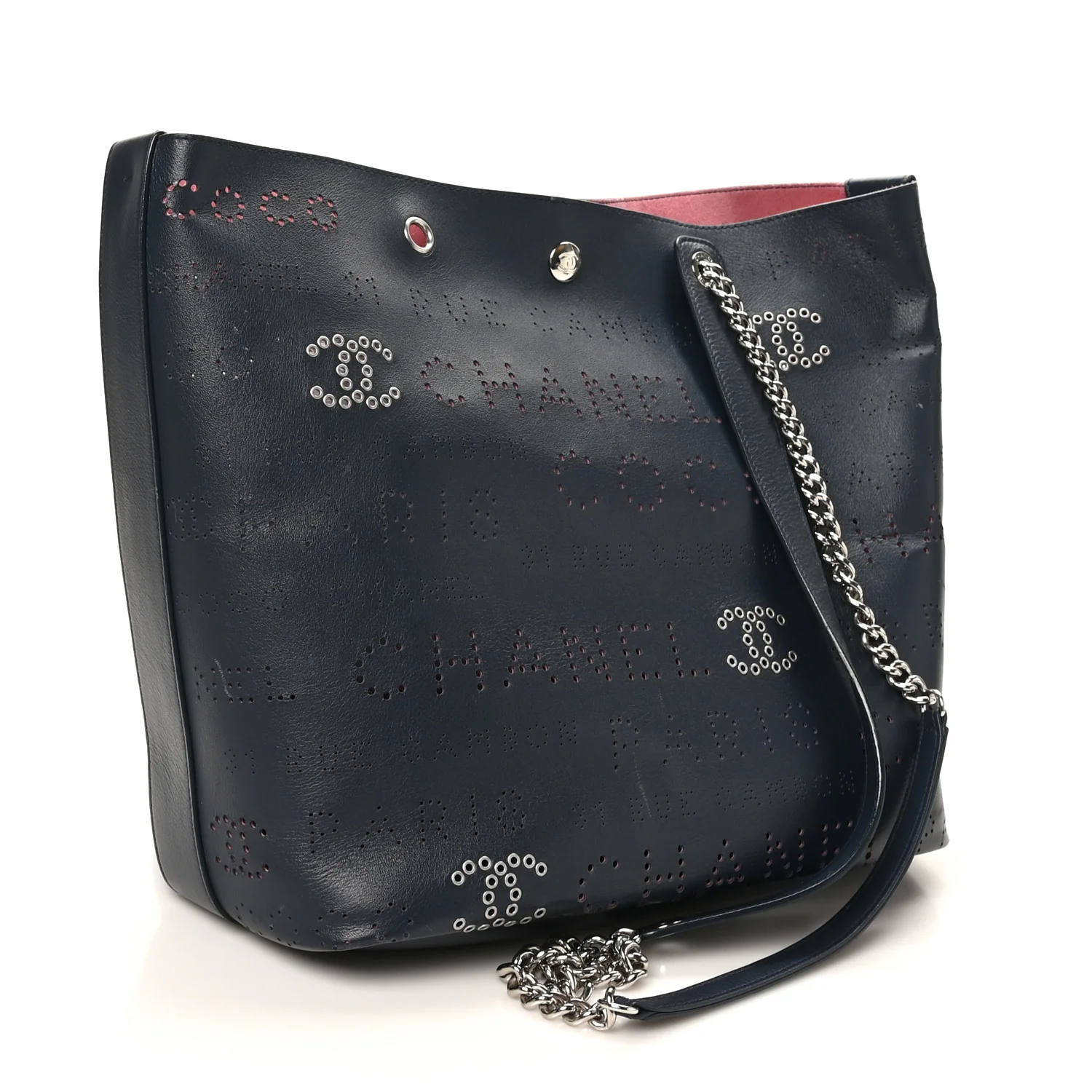 Calfskin Tweed Small Logo Eyelets Shopping Tote Navy Blue - Top Club