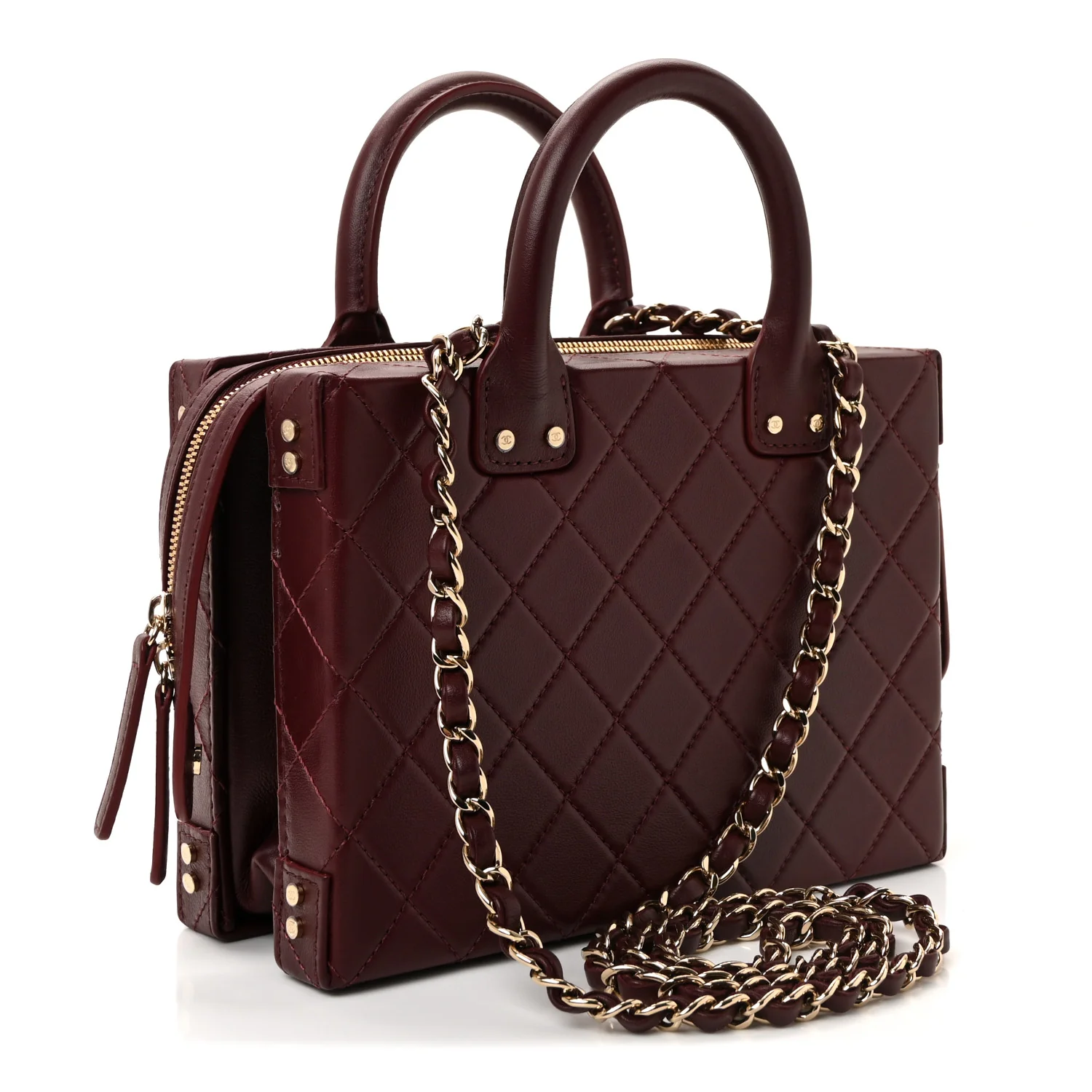 Calfskin Quilted Studded Square Vanity Case Burgundy - Top Club