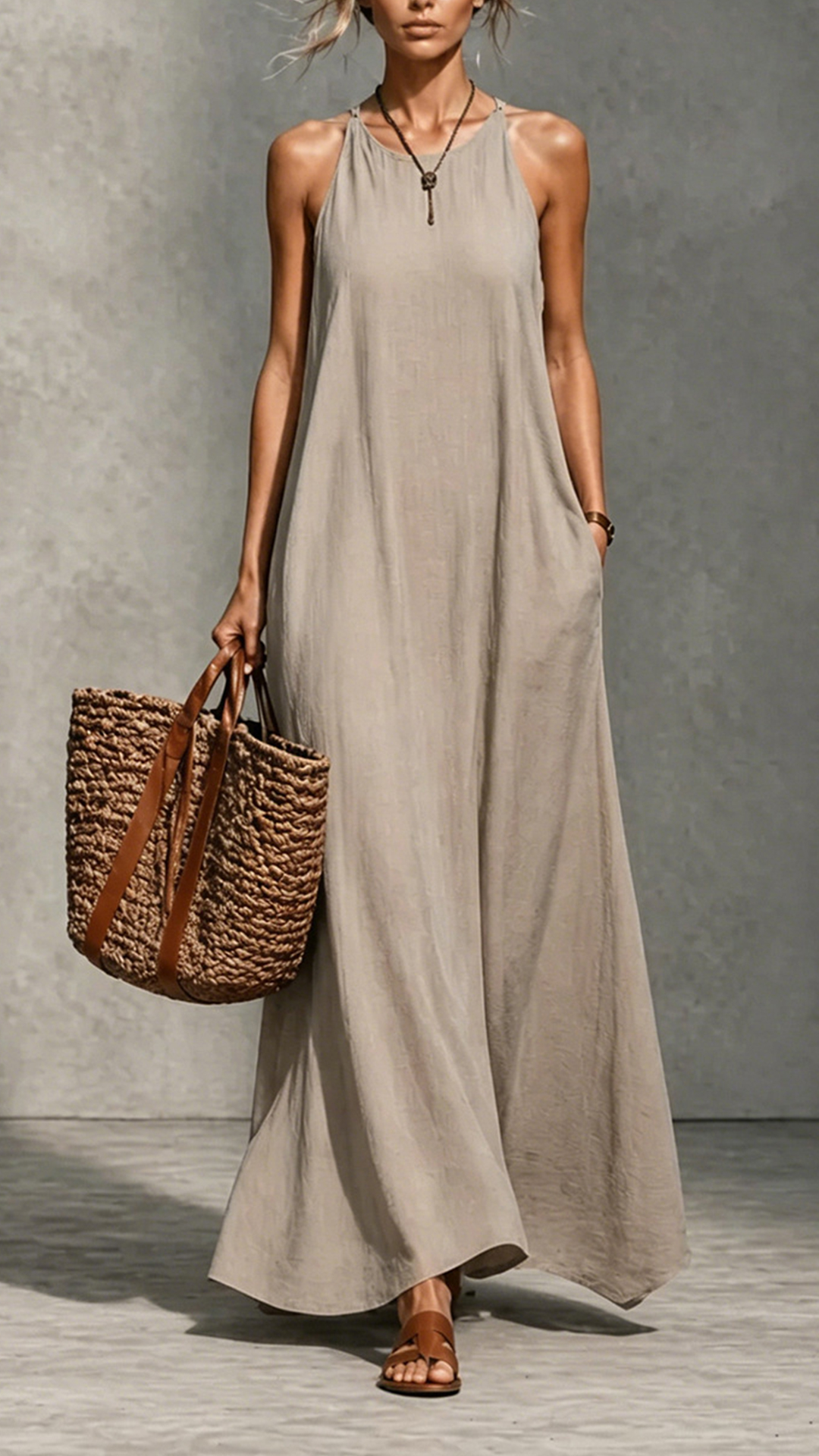 Women's Cotton‑blend Round‑neck Sleeveless Loose Draping Maxi Dress - Nordfashionstorm - Women's Clothing, Fashion for You - Nordfashionstorm.com